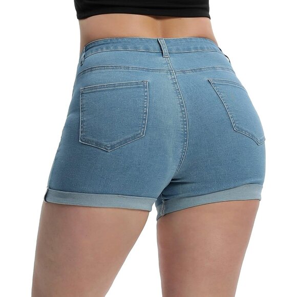 Middle Blue High Waisted Summer Elastic Folded Hot Denim Hem Shorts for Women - Picture 2 of 5